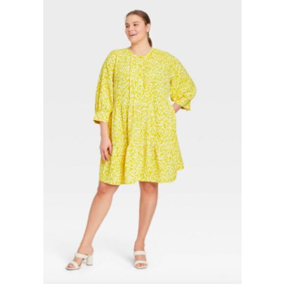 Who What Wear Yellow Leopard Print Tiered Dress - M (2842) - Picture 6 of 6